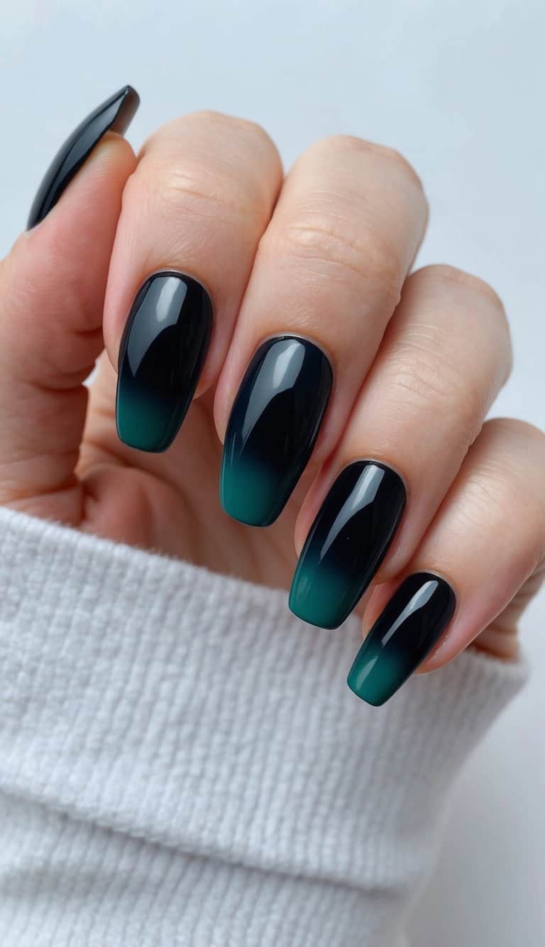 Black Teal Gradient Medium Coffin Nails Black Teal Gradient Medium Coffin Nails — Ombre Nail Designs