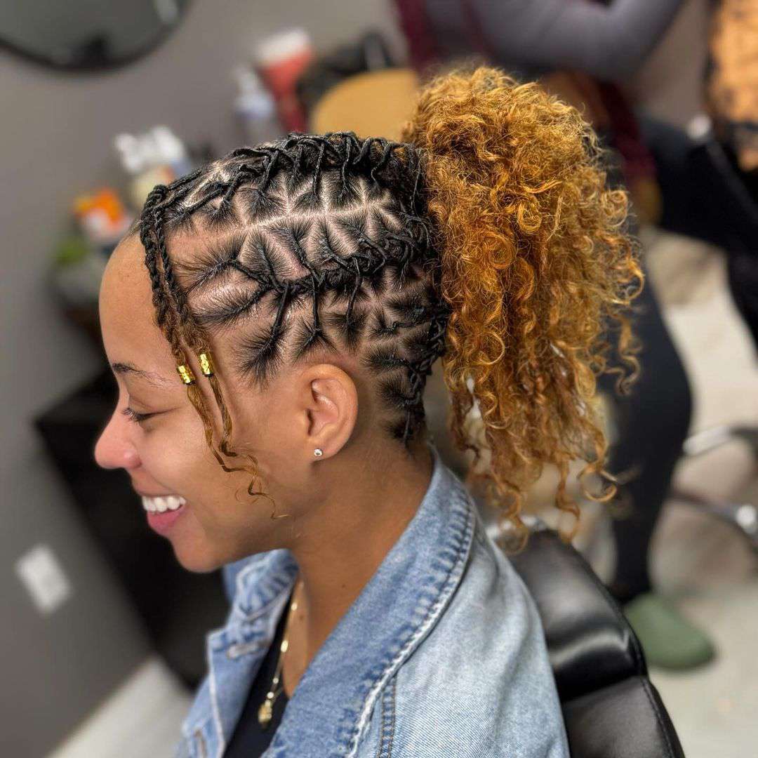 Loc Ponytail With Geometric Braids and Ombre Loc Ponytail With Geometric Braids and Ombre — Winter Loc Styles