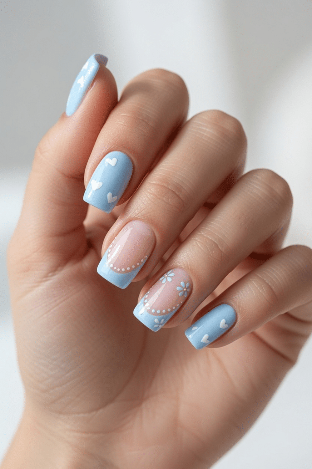 Short Square Light Blue with Floral and Hearts — Cute Nail Designs