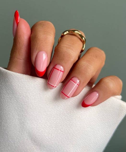 Red French Tip Line Art Nails Red French Tip Line Art Nails — Winter Nail Designs
