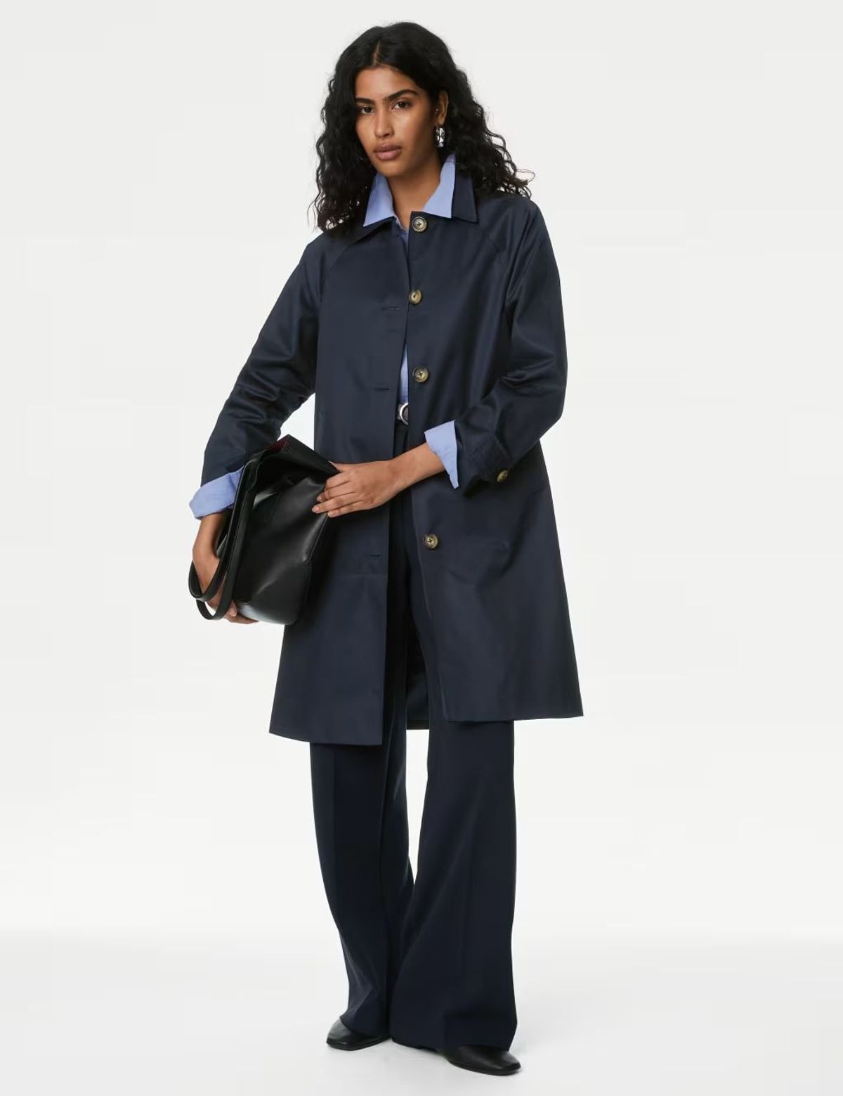 Navy Trench Coat with Light Blue Shirt and Wide-Leg Trousers Navy Trench Coat with Light Blue Shirt and Wide-Leg Trousers — Car Coat Outfits