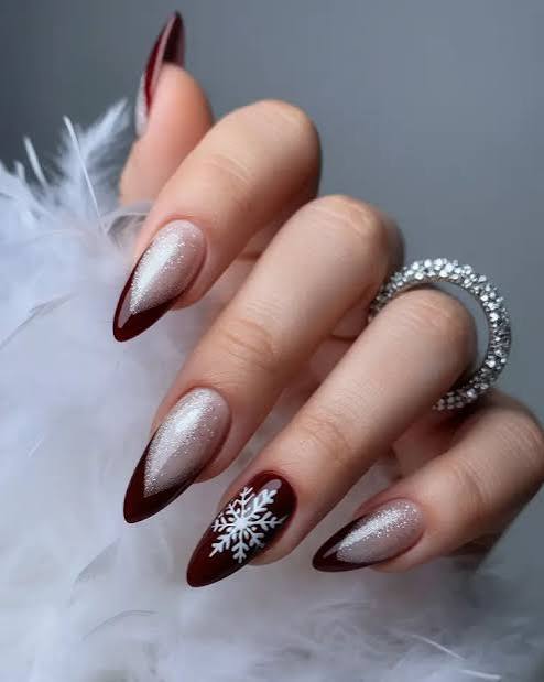 Deep Red Snowflake Glitter Gradient — Winter Gel Nail Colors