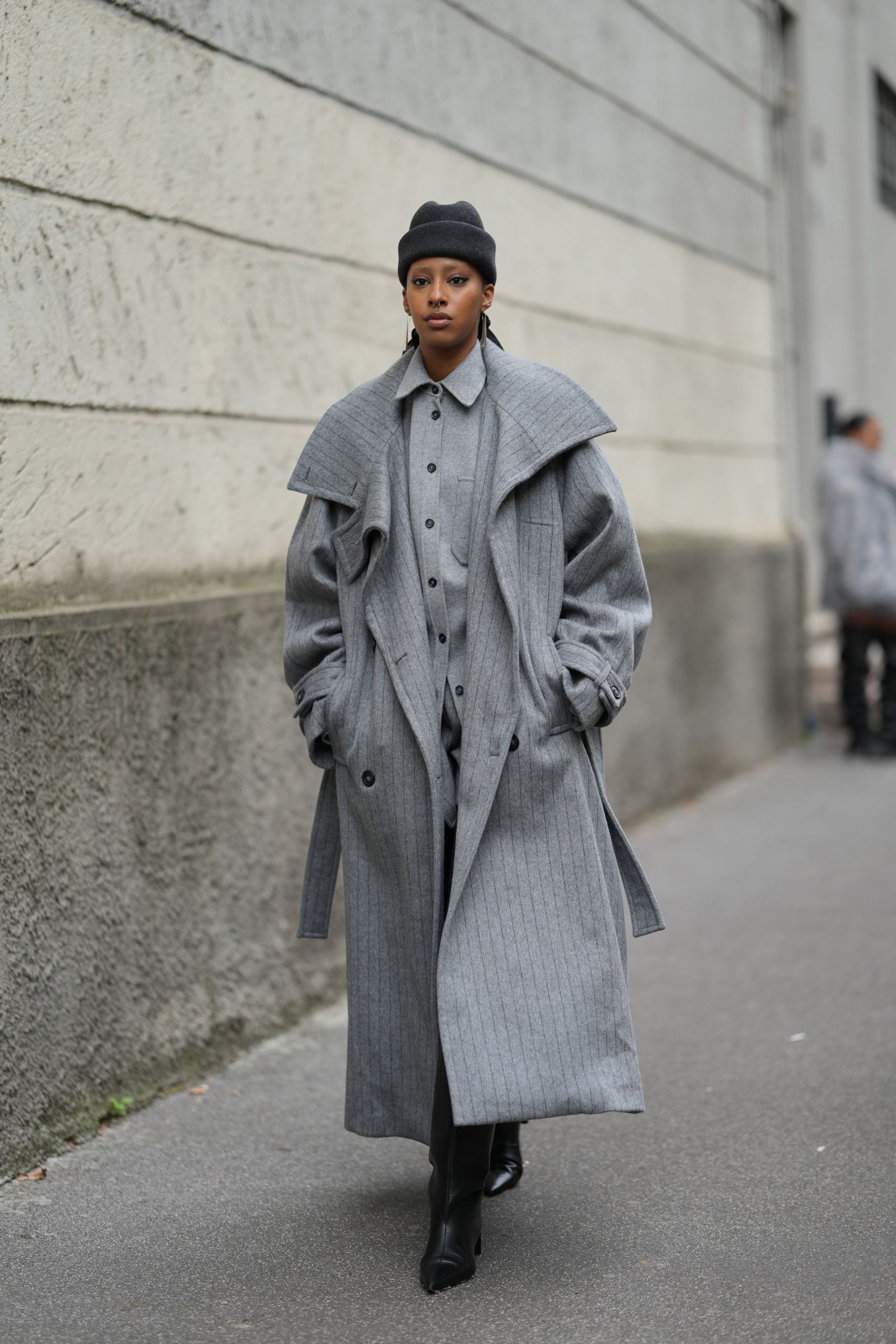 Oversized Grey Pinstripe Coat with Monochromatic Styling — Wool Coat Outfits