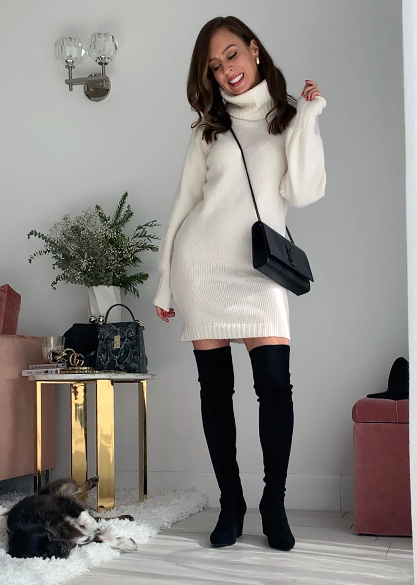 Black Over-the-Knee Boots with White Turtleneck Knit Dress Black Over-the-Knee Boots with White Turtleneck Knit Dress — Over the Knee Boots Outfits