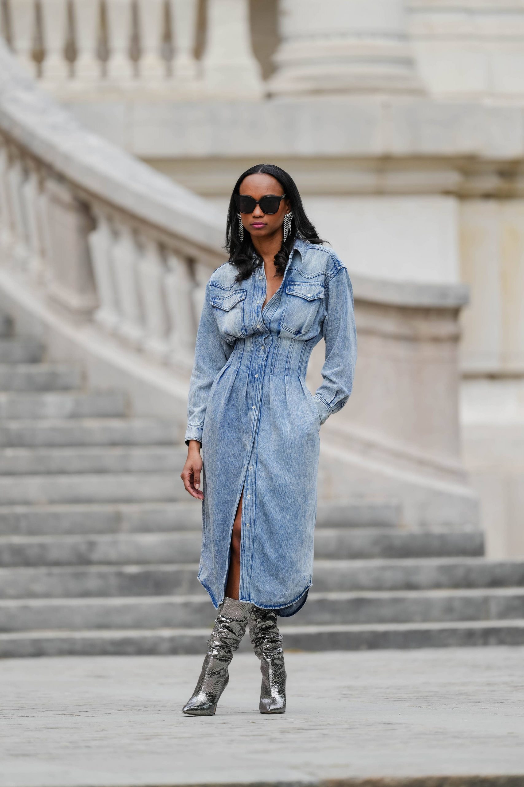 Denim Midi Dress with Statement Silver Boots for a Bold Winter Ensemble — Dressy Winter Outfits