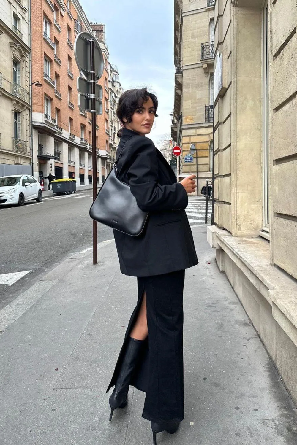 Monochromatic Black Blazer and Maxi Dress Ensemble — Europe Winter Outfits