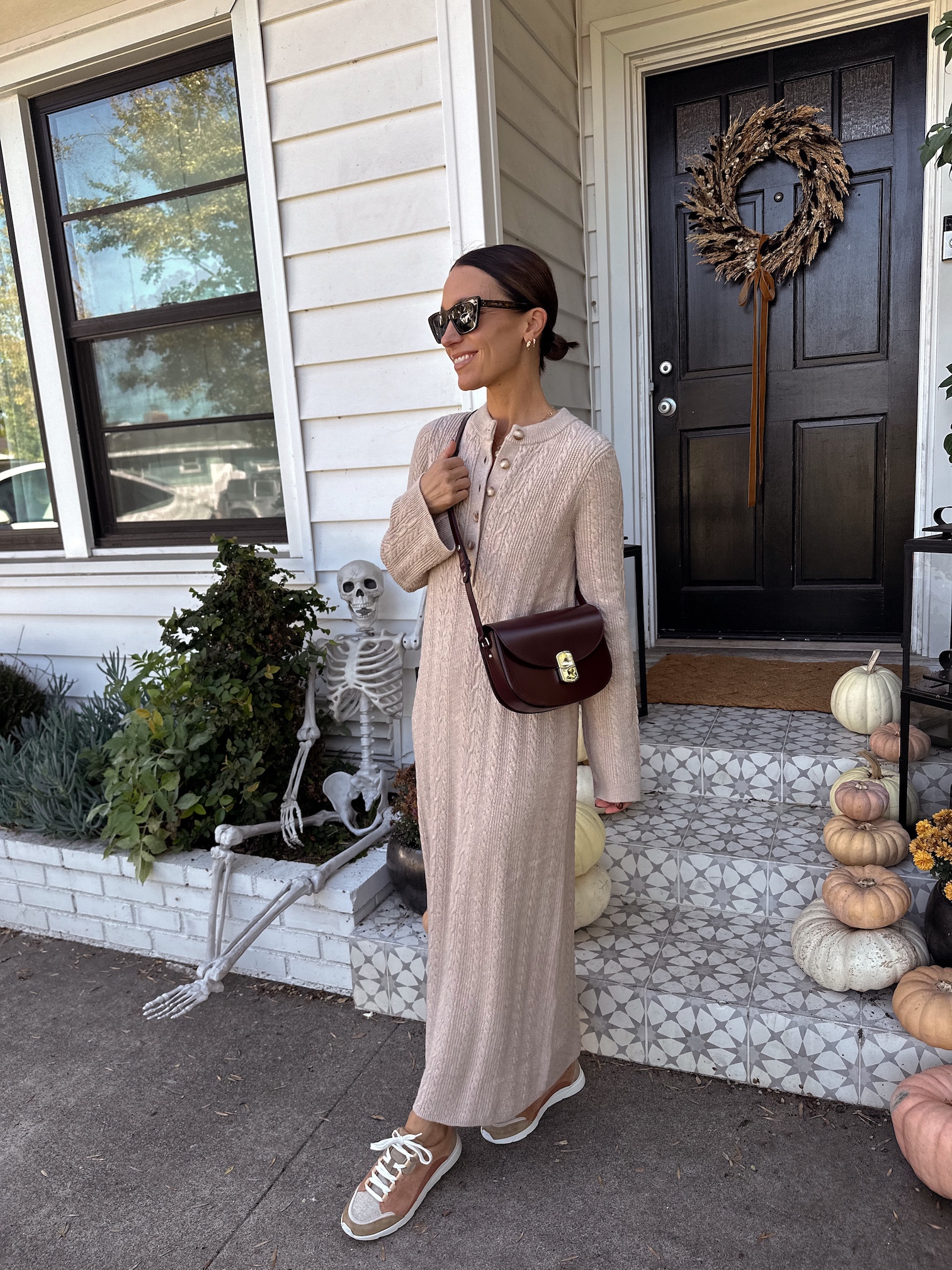 Effortless Beige Longline Sweater Dress with Sneakers Effortless Beige Longline Sweater Dress with Sneakers — Sweater Dress Outfits