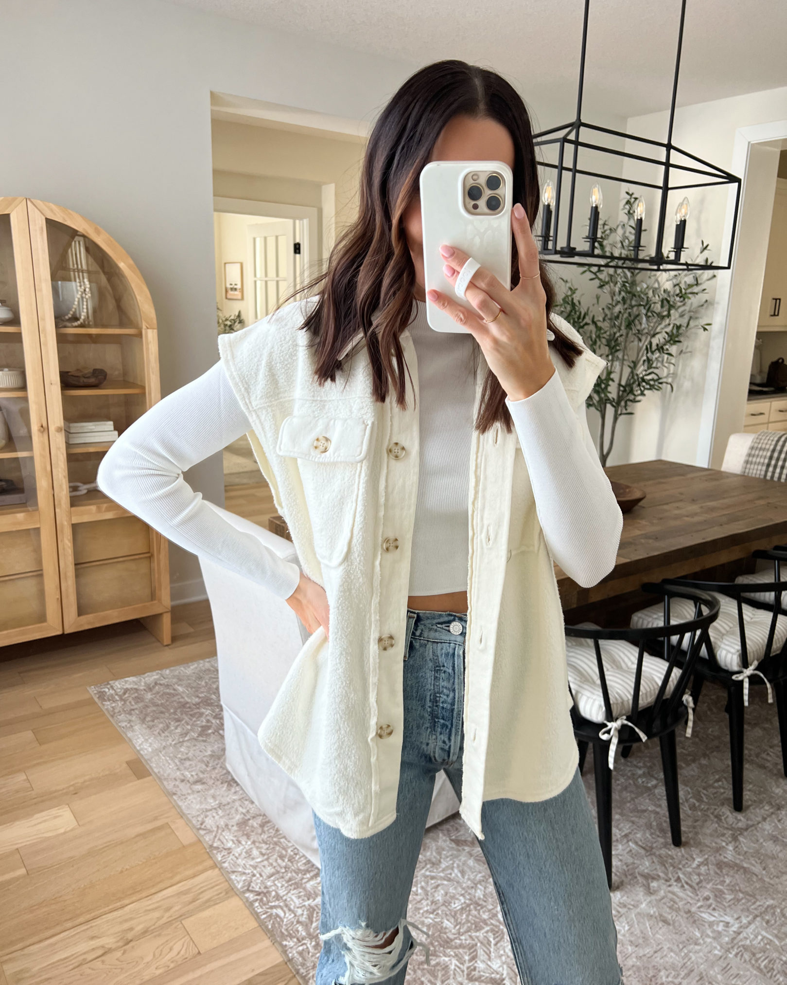 Textured Sleeveless Vest Over Long-Sleeve Top — Early Winter Outfits