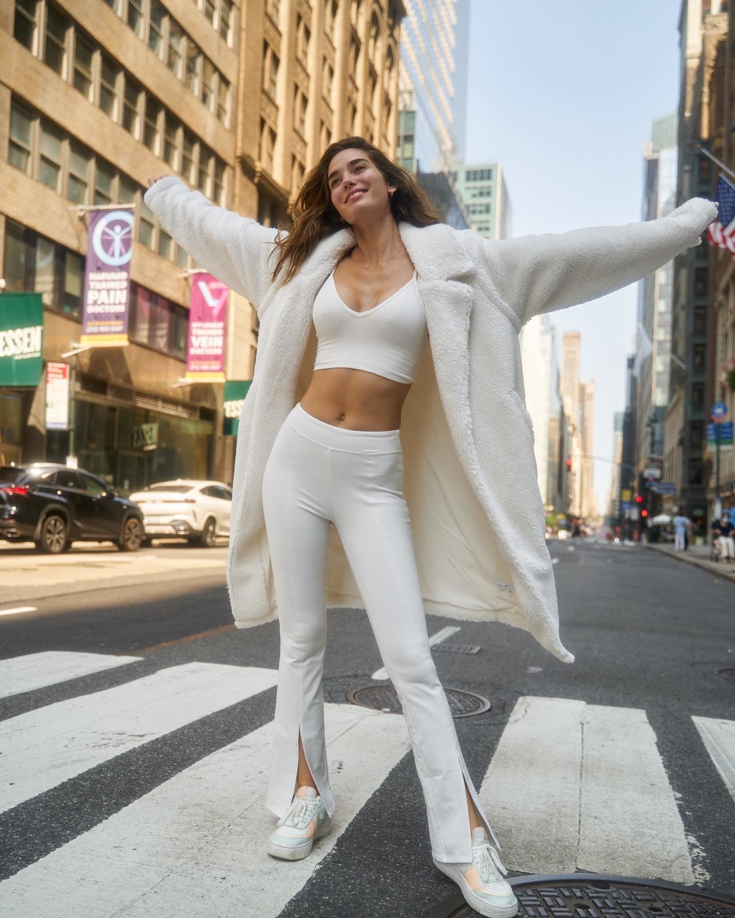 Cozy Athleisure with an Oversized Fuzzy Coat — Flare Leggings Outfits