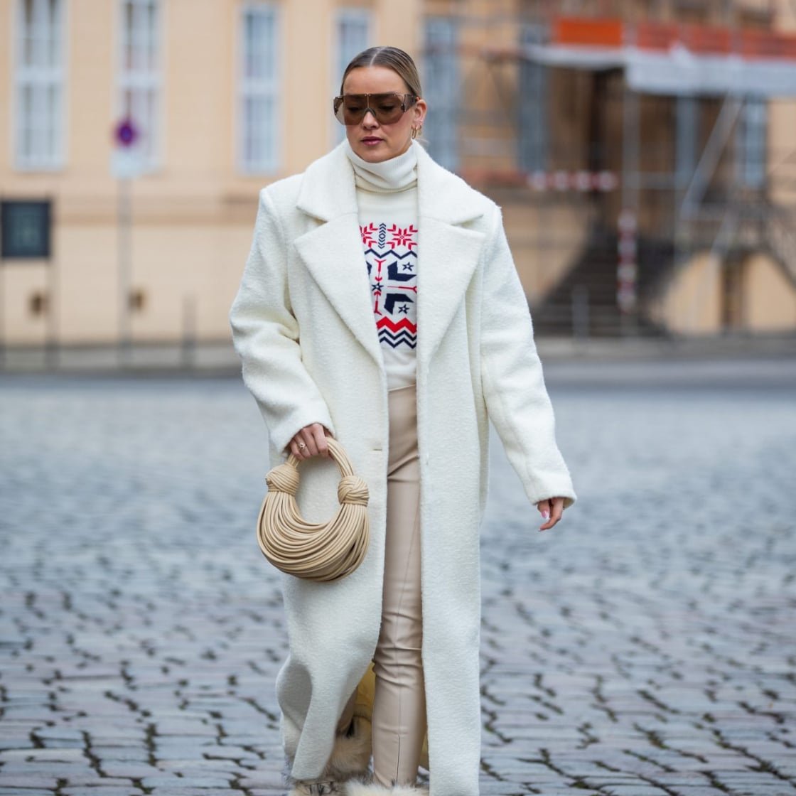 Oversized White Wool Coat with Patterned Layers — Wool Coat Outfits