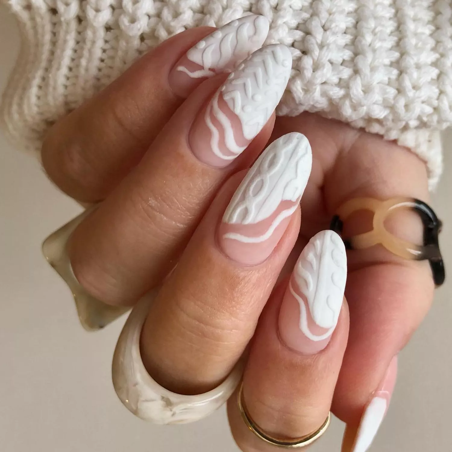 Matte White Cable Knit Almond Nails — Winter Acrylic Nails
