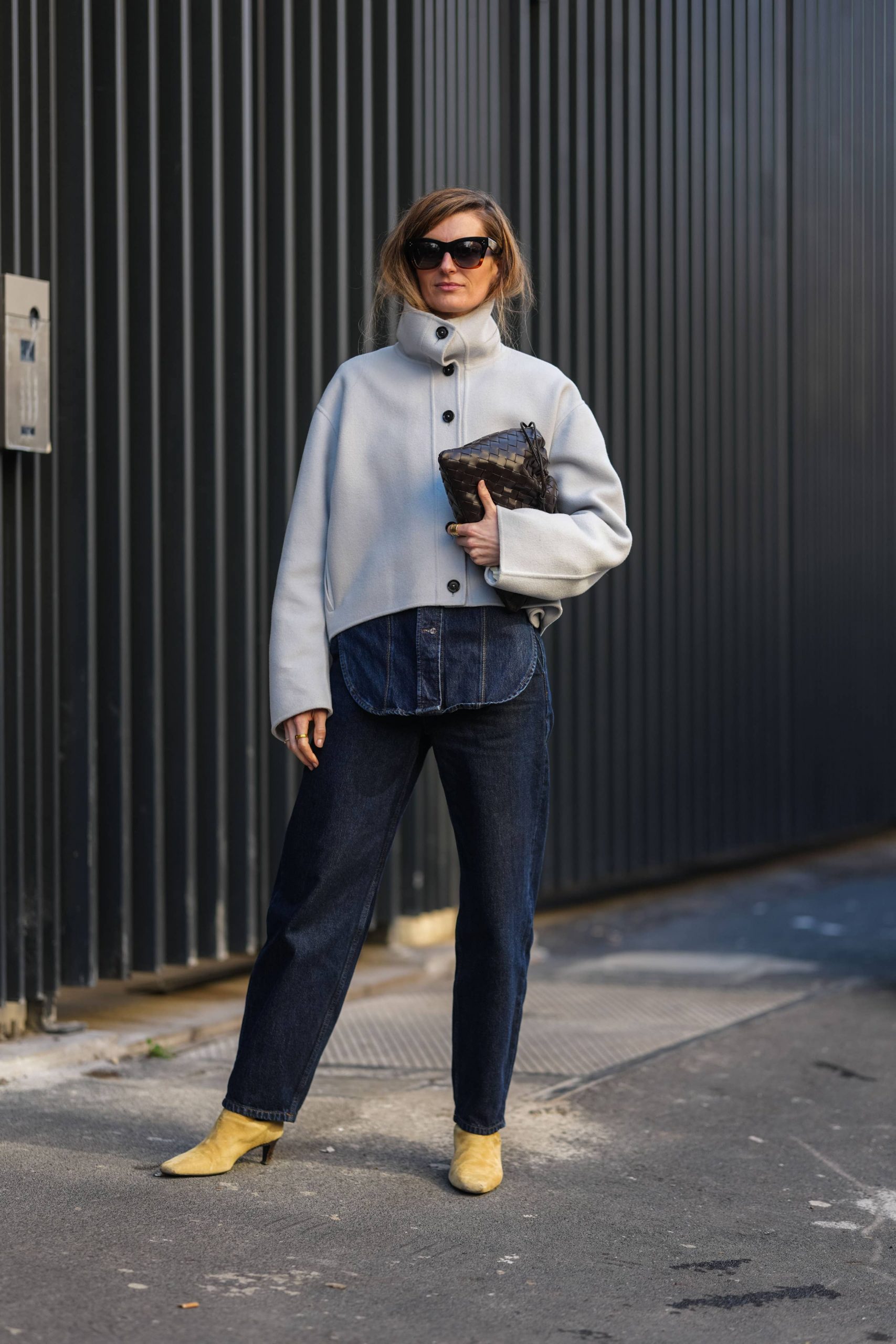 Cropped Blue Jacket Paired with Wide-Leg Jeans and Suede Boots Cropped Blue Jacket Paired with Wide-Leg Jeans and Suede Boots — Casual Winter Outfits for Women Over 50