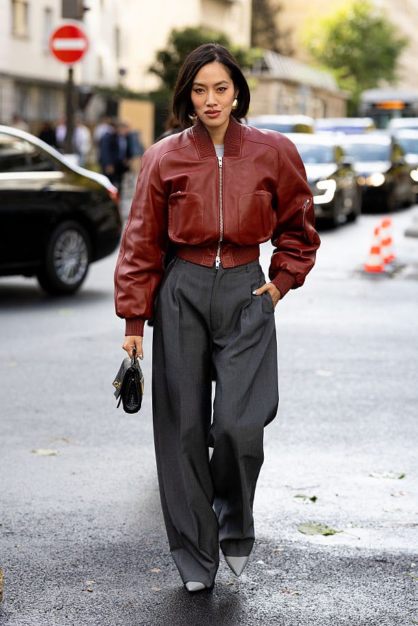 Bold Red Leather Bomber Jacket Over Grey Set — Winter College Outfits