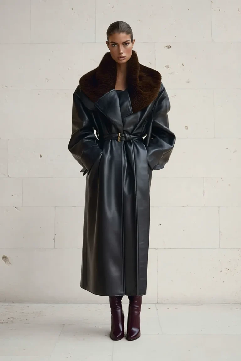 Dramatic Black Leather Trench with Fur Collar Dramatic Black Leather Trench with Fur Collar — Minimalist Winter Outfits