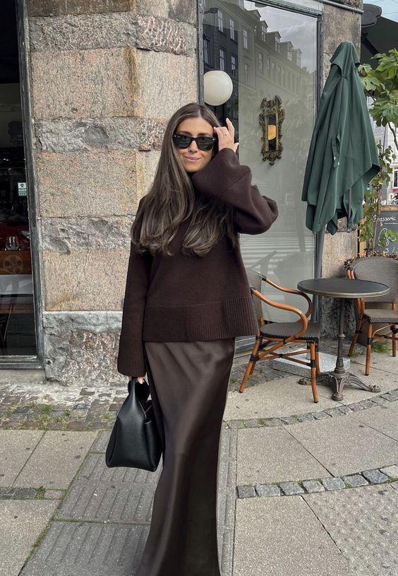 Satin Maxi Skirt Paired with Cozy Knit Sweater Satin Maxi Skirt Paired with Cozy Knit Sweater — Winter Skirt Outfits