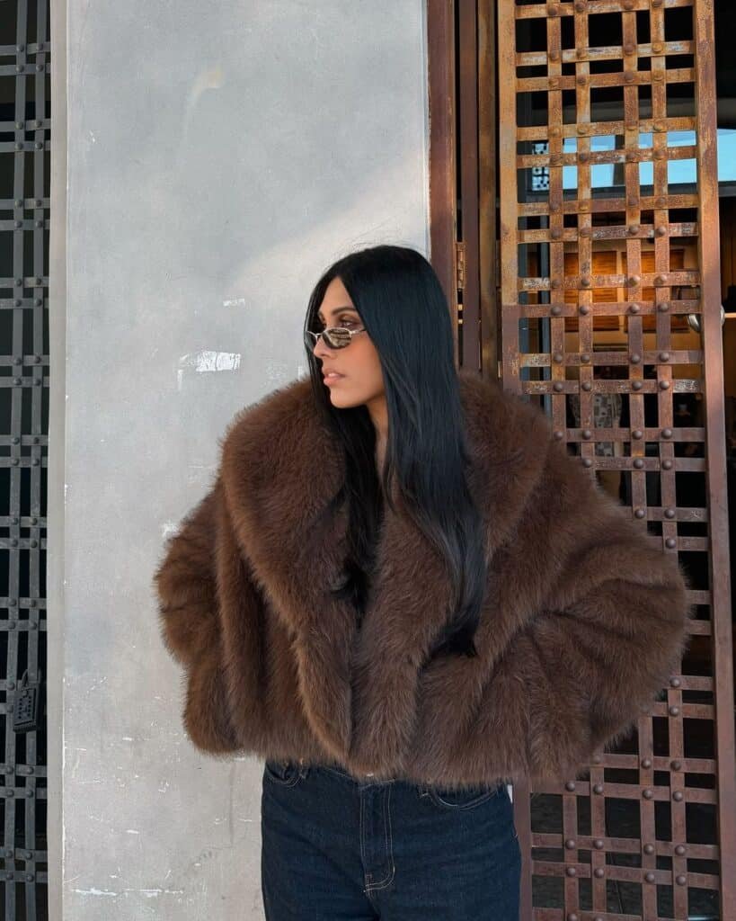 Cropped Brown Faux Fur Jacket for a Polished Daytime Look — Faux Fur Coat Outfits