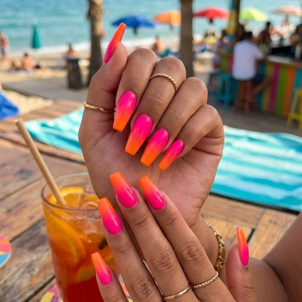 Hot Pink to Orange Ombre Long Coffin Nails Hot Pink to Orange Ombre Long Coffin Nails — Ombre Nail Designs