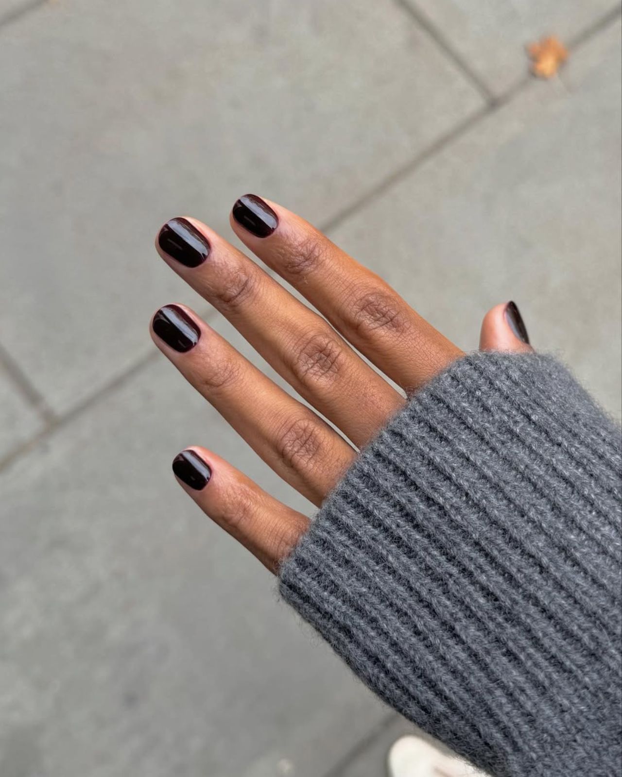 Deep Brown Glossy Short Round Nails — Winter Nails