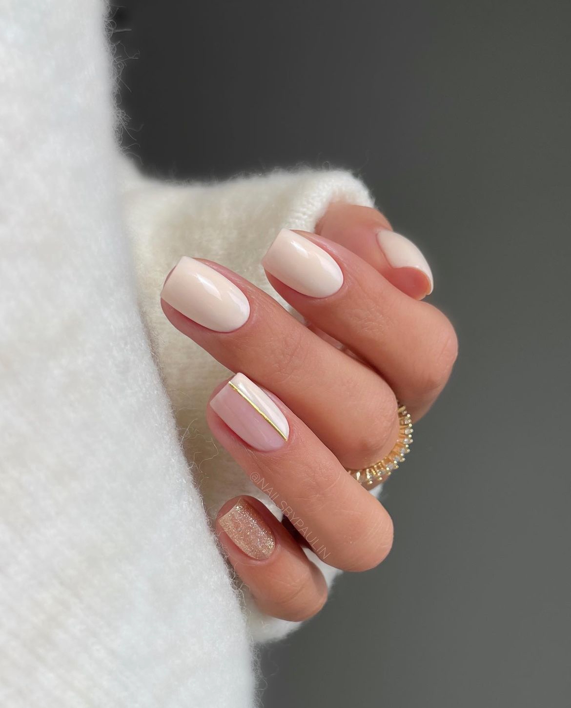 Pale Pink Nude with Gold Line & Glitter Accents — Neutral Winter Nails