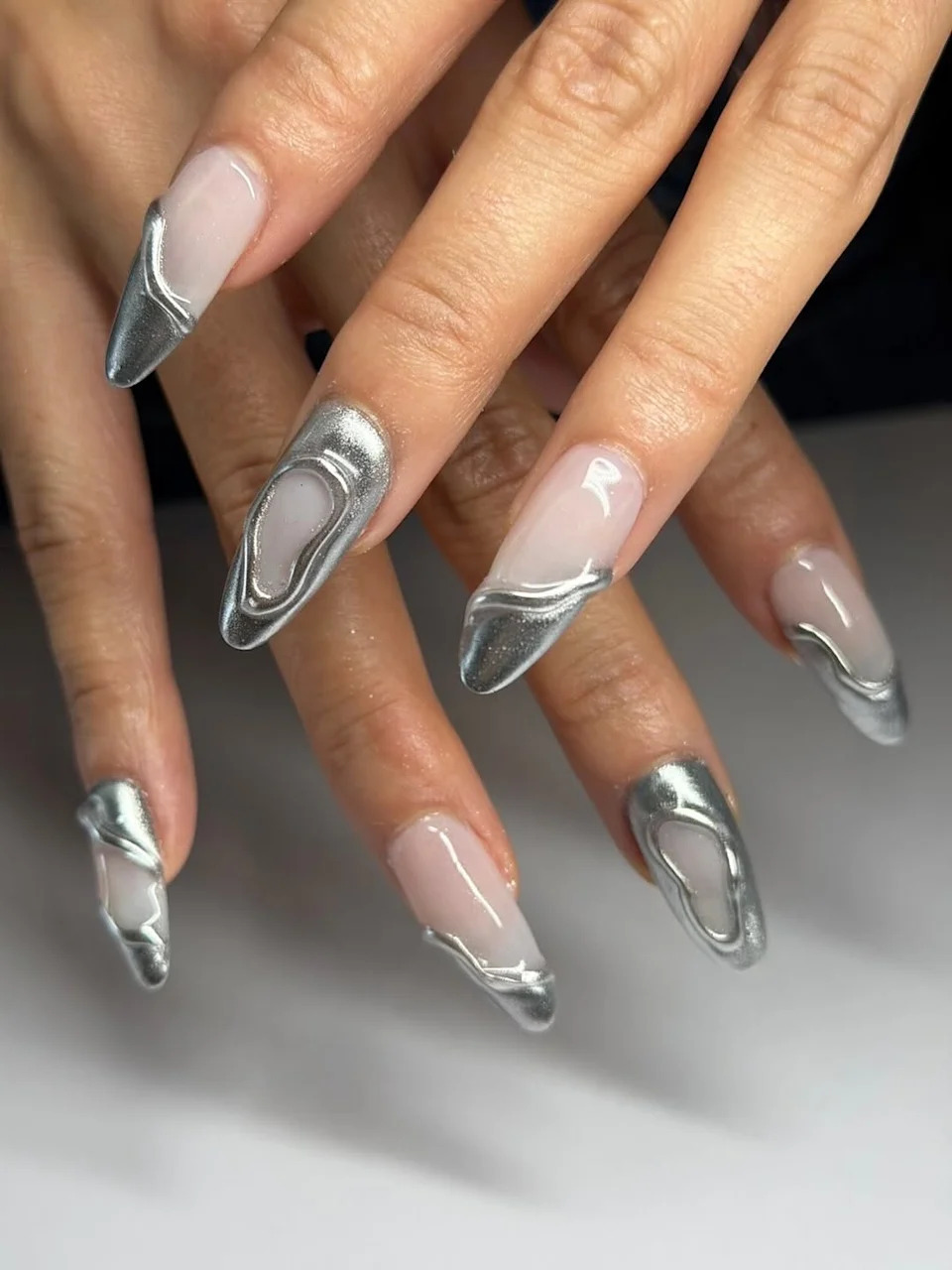 Sheer Pink with Sculptural Silver Accents — Silver Chrome Nails