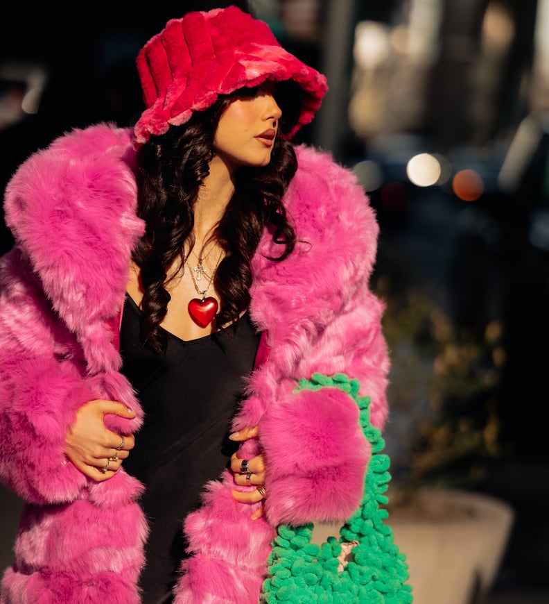 Vibrant Hot Pink Fur Coat and Black Slip Dress — Fur Hat Outfits