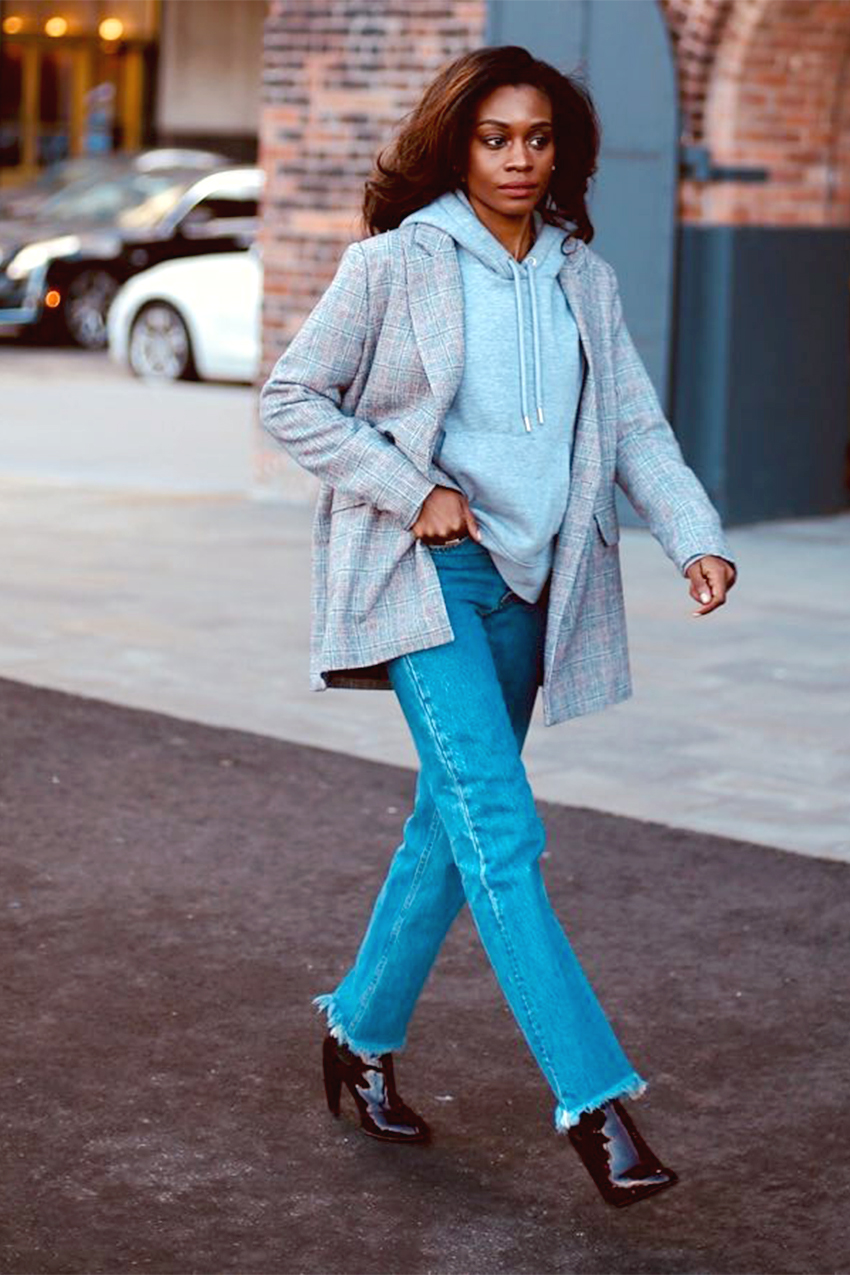 Layering a Grey Hoodie Under a Plaid Blazer Layering a Grey Hoodie Under a Plaid Blazer — Hoodie Outfits