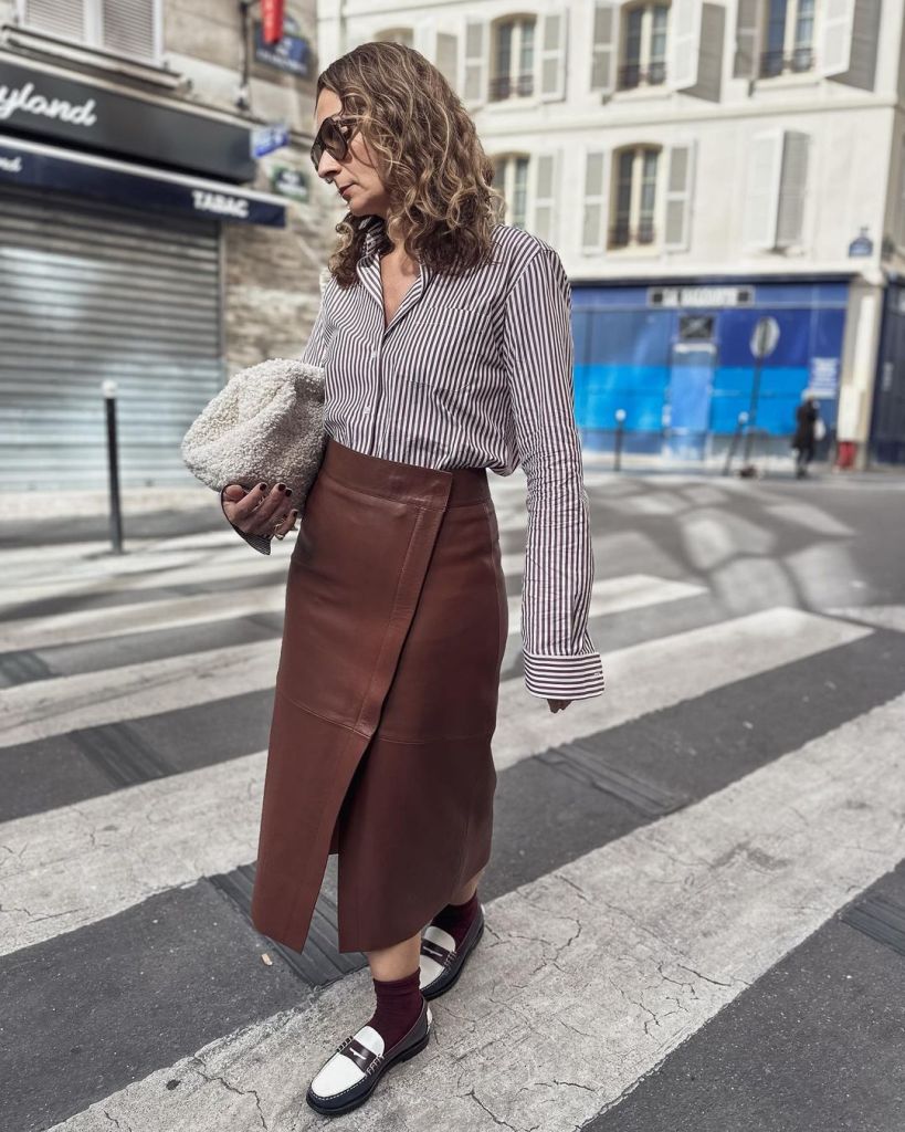 Effortless Elegance: Brown Leather Wrap Midi Skirt with Striped Shirt Effortless Elegance: Brown Leather Wrap Midi Skirt with Striped Shirt — Leather Skirt Outfits