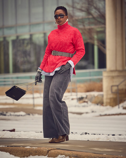 Bold Winter Layering: Red Sweater with Dark Wash Wide Leg Jeans — Winter Outfits with Wide Leg Jeans