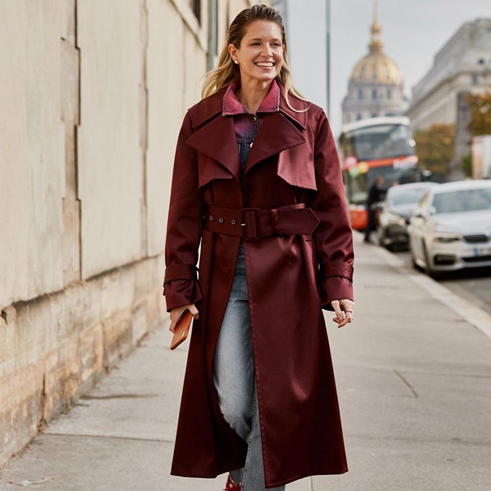 Burgundy Satin Trench Coat Over Denim and a Pink Shirt Burgundy Satin Trench Coat Over Denim and a Pink Shirt — Car Coat Outfits