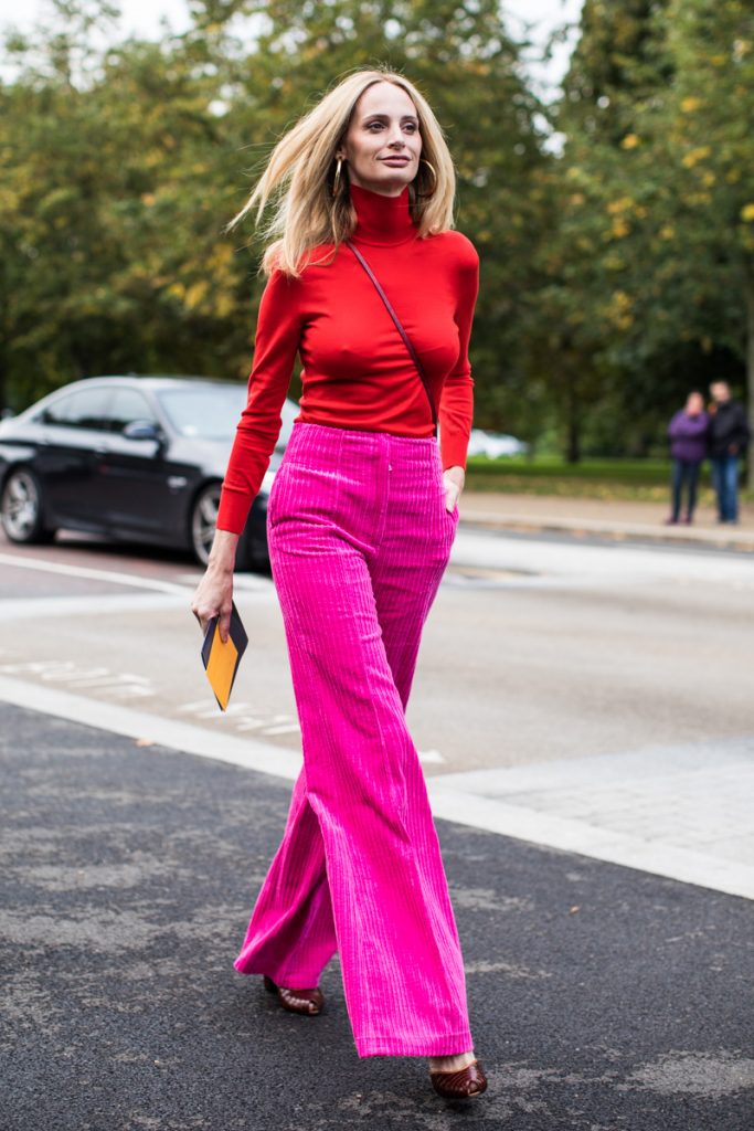 Vibrant Hot Pink Corduroy Pants and Red Turtleneck Vibrant Hot Pink Corduroy Pants and Red Turtleneck — Winter Birthday Outfits