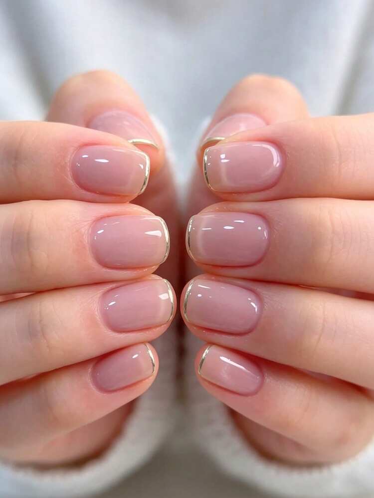 Pale Pink With Gold Cuticle Stripe — Short Winter Gel Nails