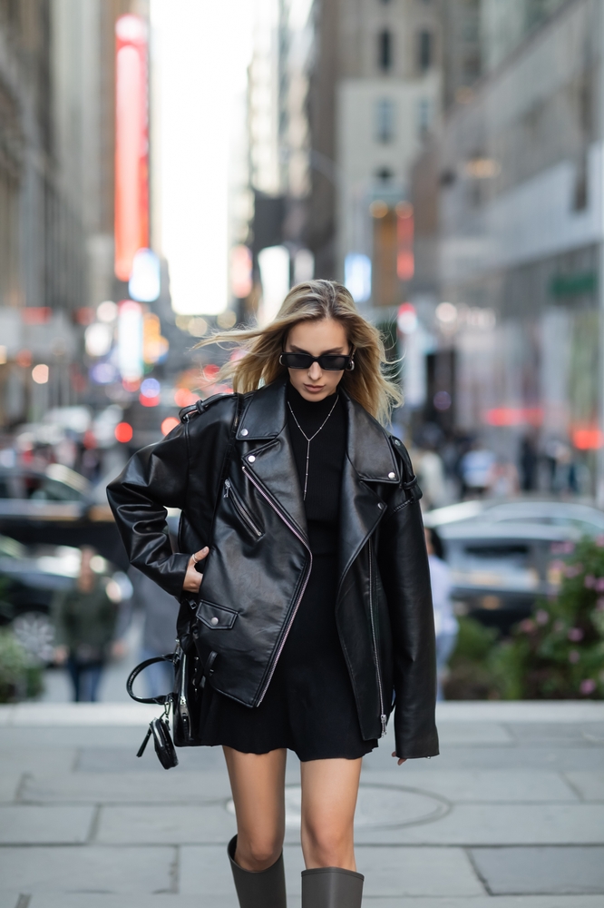 Edgy Black Leather Moto Jacket Over a Mini Dress for a Winter Night Out Edgy Black Leather Moto Jacket Over a Mini Dress for a Winter Night Out — NYC Winter Outfits