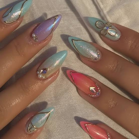 Iridescent Pastel Gradients with Gold Outline — Winter to Spring Transition Nails