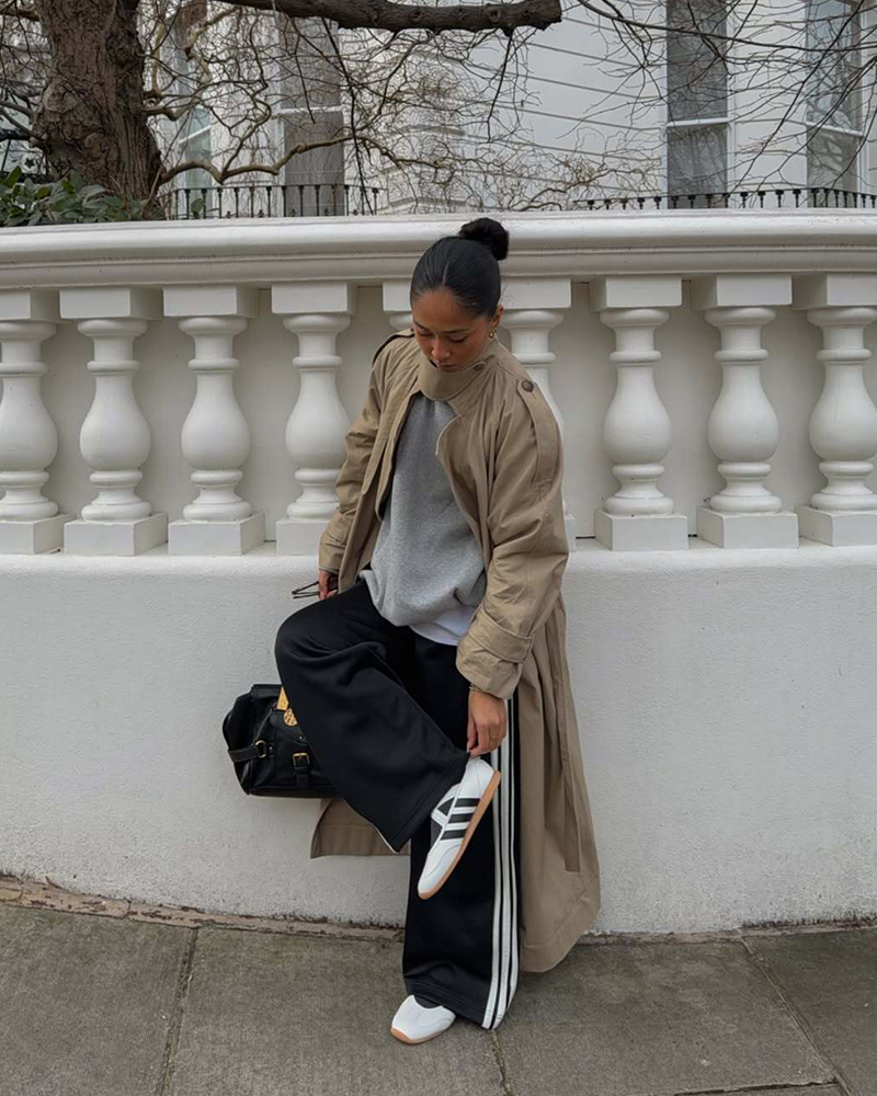 Trench Coat Over Sweatshirt with Track Pants and Sneakers Trench Coat Over Sweatshirt with Track Pants and Sneakers — Winter Outfits with Sneakers