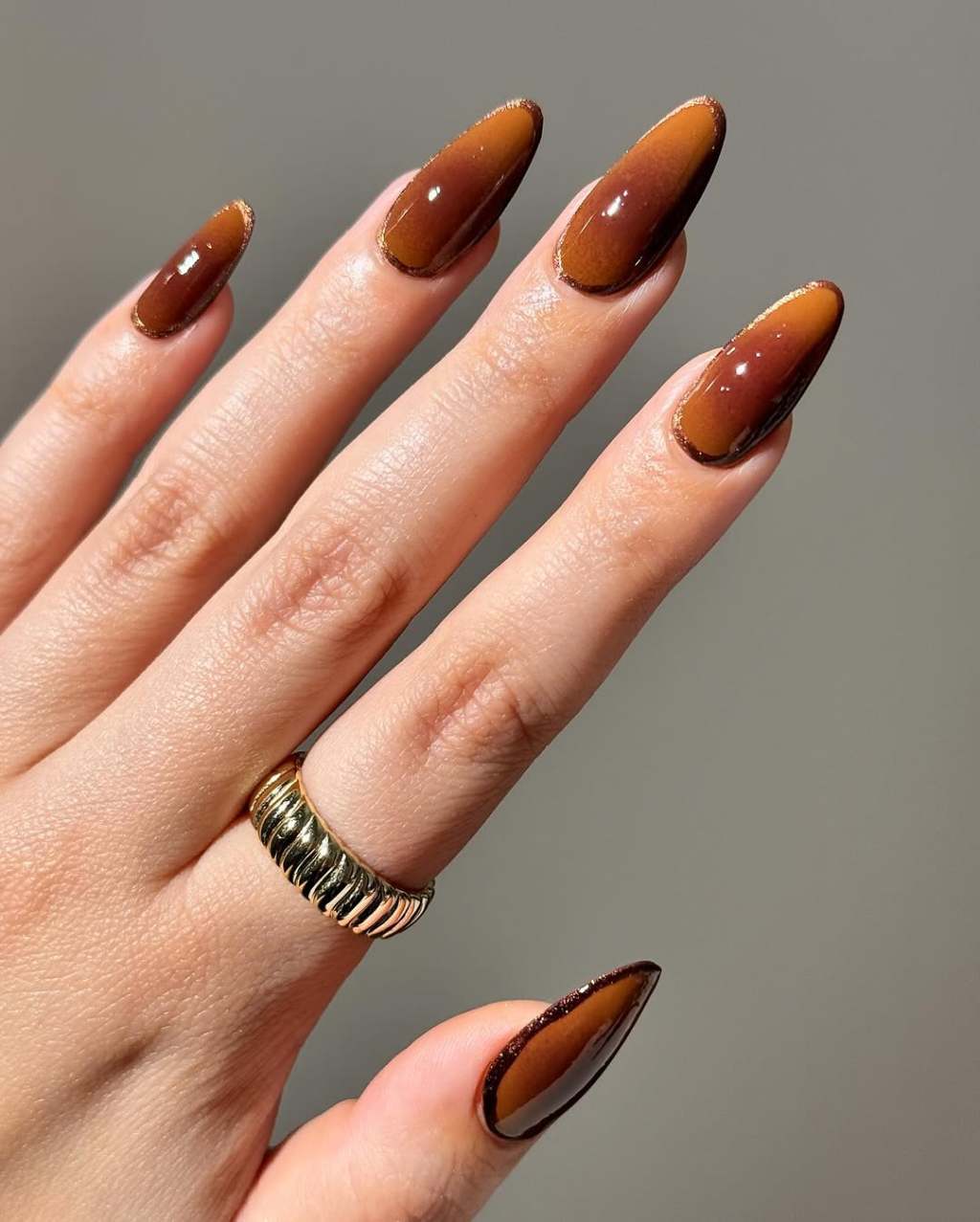 Deep Brown to Caramel Gradient Oval Nails — Brown Nail Designs