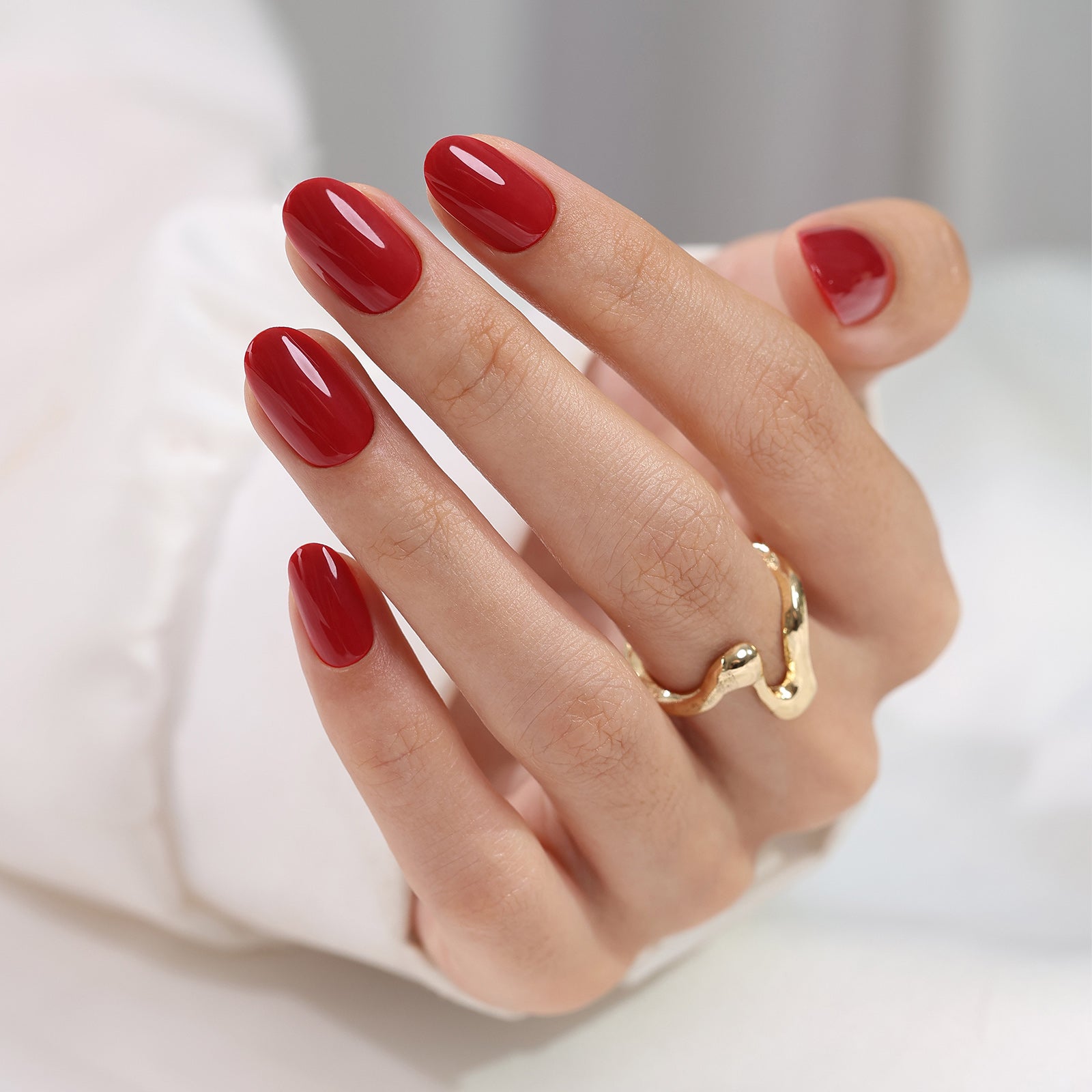 Glossy Red Cuticle Line Oval Nails — Winter Oval Nails