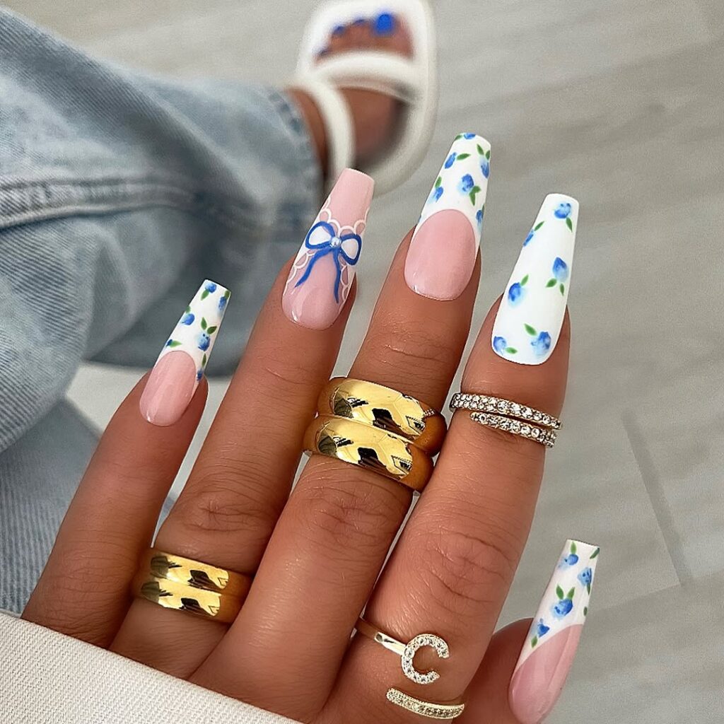 Long Coffin Nails with Blue Bow and Blueberries — Cute Nail Designs