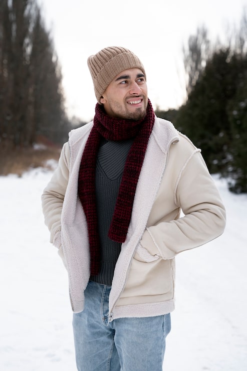 Cozy Layers: Shearling-Lined Jacket with Knit Accessories Cozy Layers: Shearling-Lined Jacket with Knit Accessories — Winter Outfits for Men