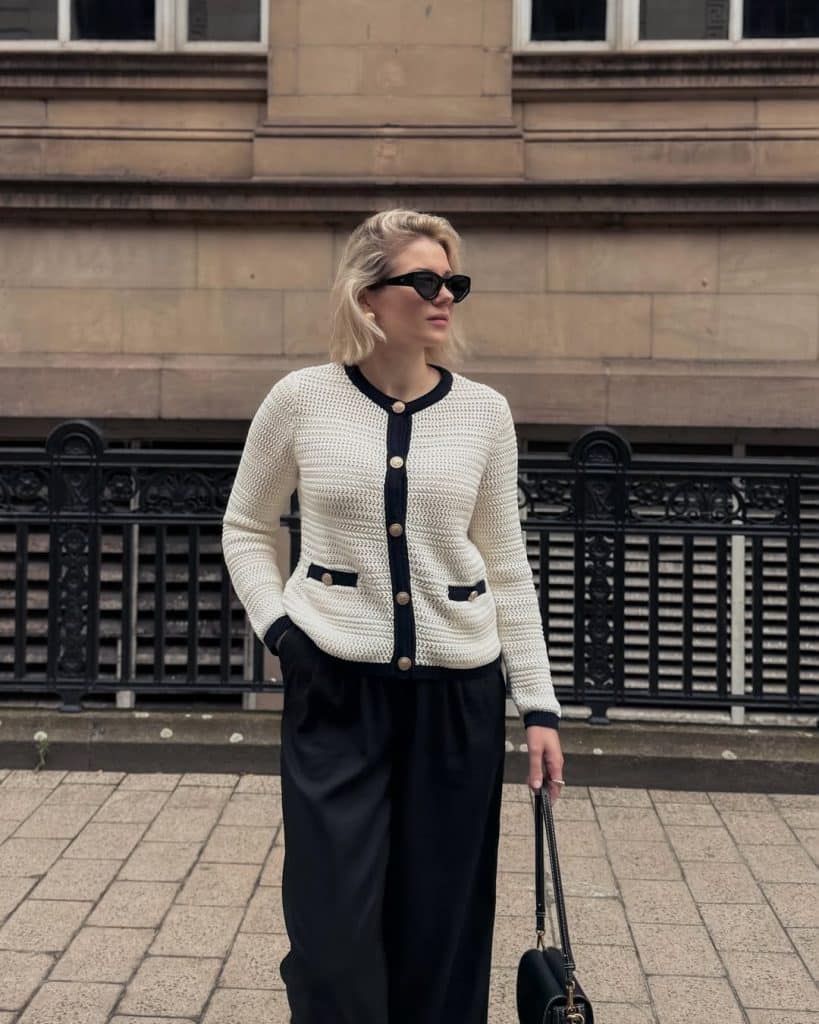 Chic Sophistication: White Knit Cardigan with Wide-Leg Trousers Chic Sophistication: White Knit Cardigan with Wide-Leg Trousers — Cardigan Outfits