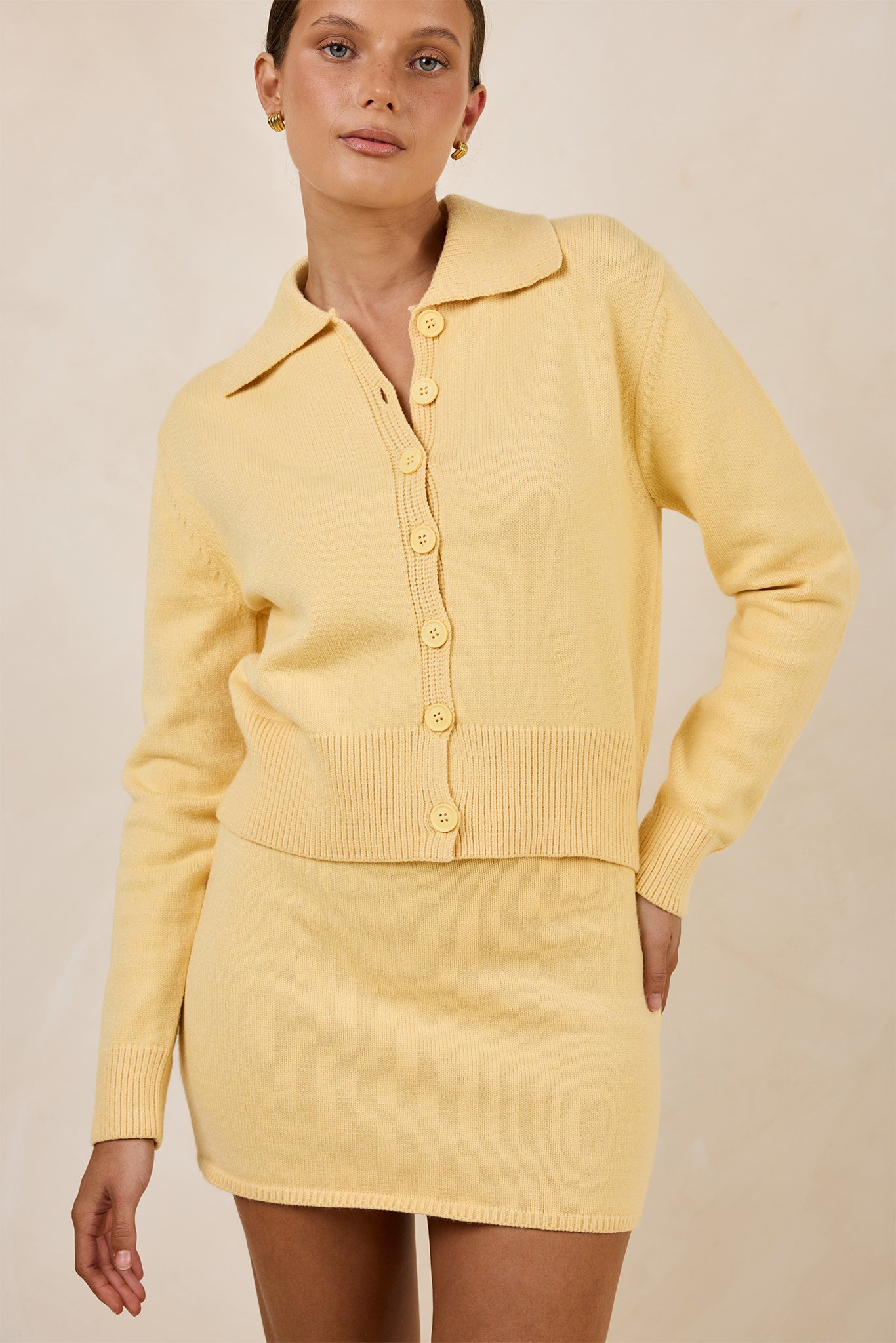 Yellow Fine Knit Cardigan and Mini Skirt Set Yellow Fine Knit Cardigan and Mini Skirt Set — Knit Set Outfits
