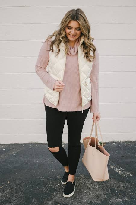 Cream Puffer Vest with Pink Cowl Neck Sweater Cream Puffer Vest with Pink Cowl Neck Sweater — Puffer Vest Outfits