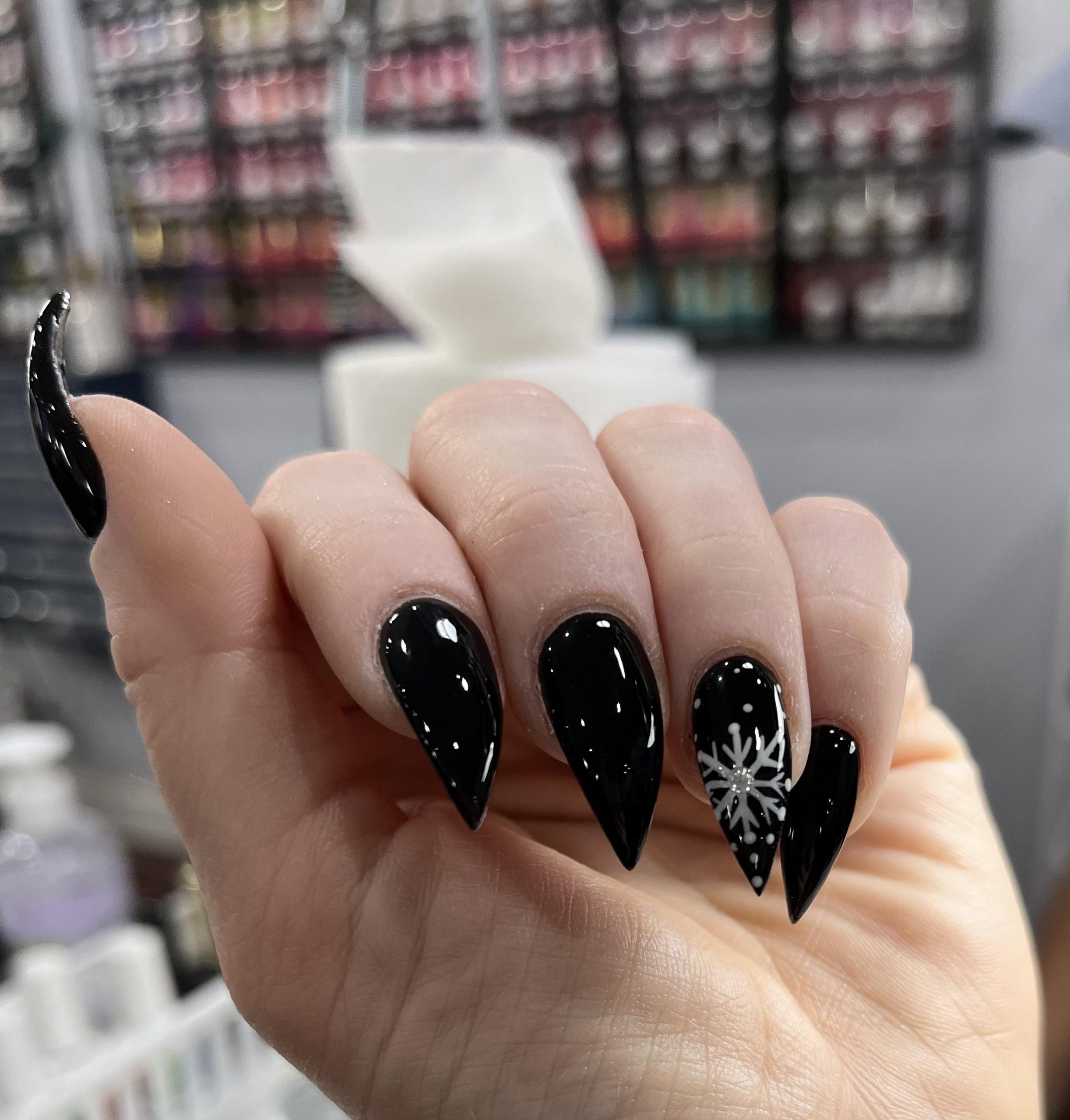 Winter Stiletto Snowflake and Rhinestone Nails — Winter Black Nails
