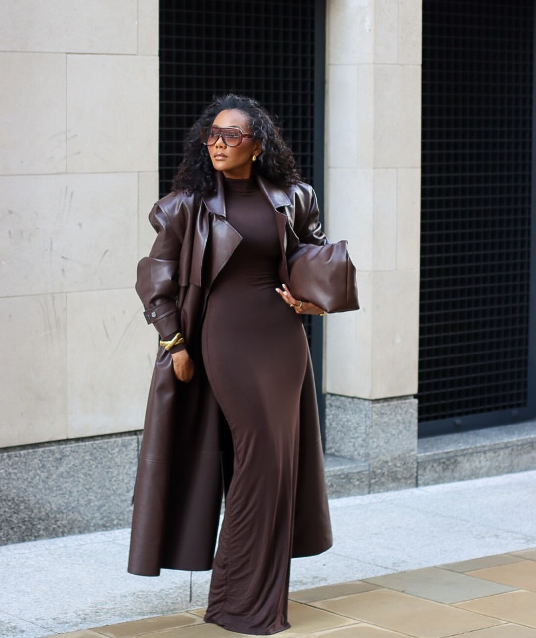 Statement Chocolate Brown Leather Trench Coat Over Ruched Dress Statement Chocolate Brown Leather Trench Coat Over Ruched Dress — Chocolate Brown Outfits