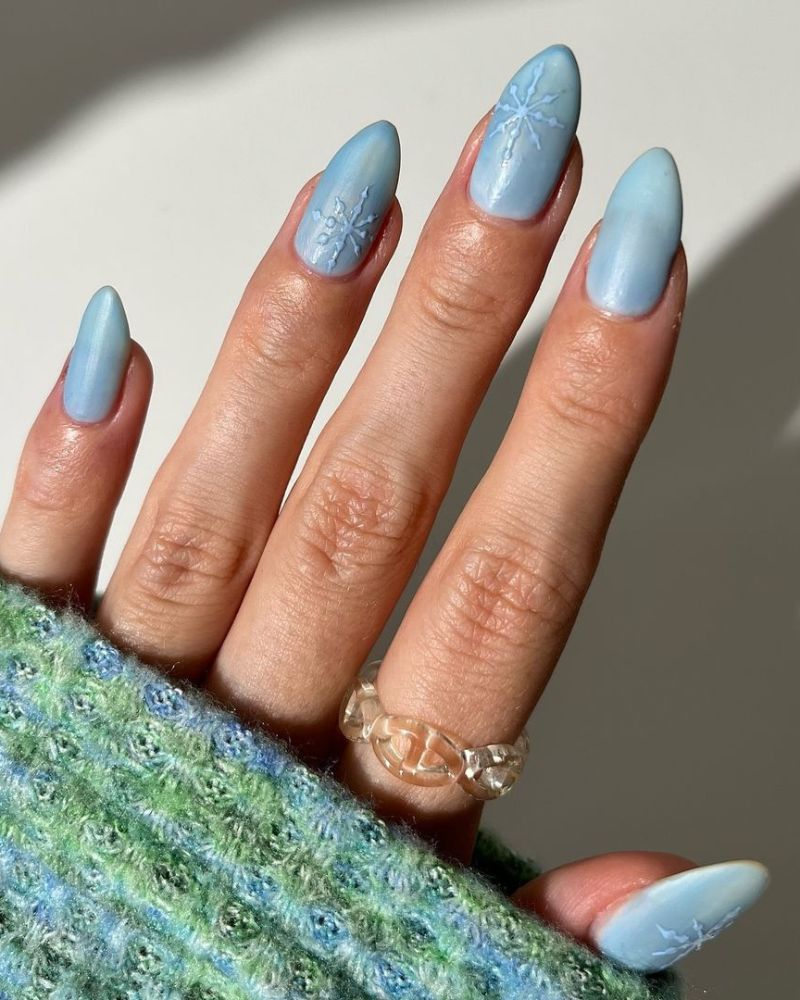Soft Matte Pastel Blue with Embossed Snowflakes — Winter Blue Nails