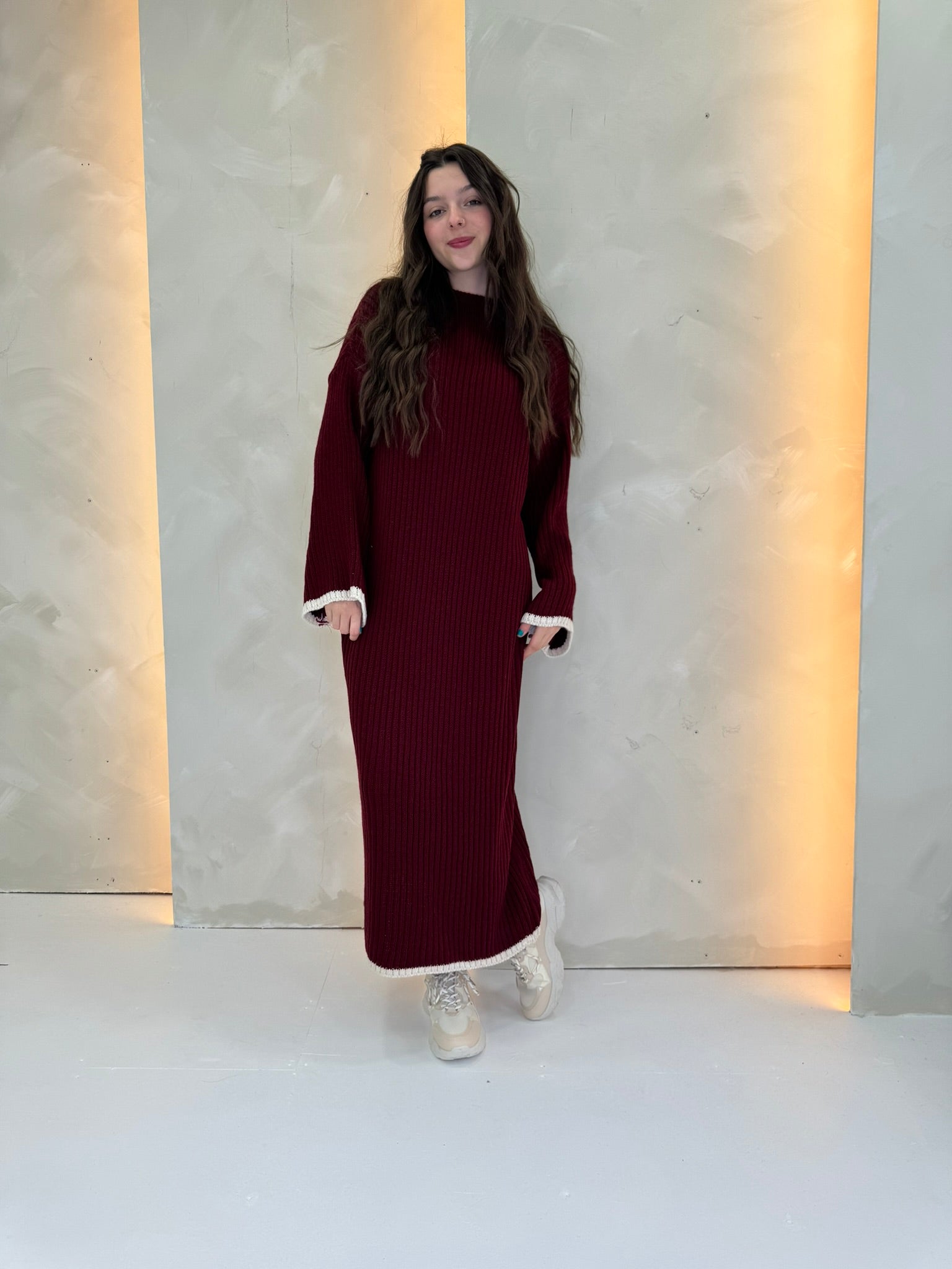 Knitted Jumper Dress with Contrasting Trim Knitted Jumper Dress with Contrasting Trim — Modest Winter Outfits