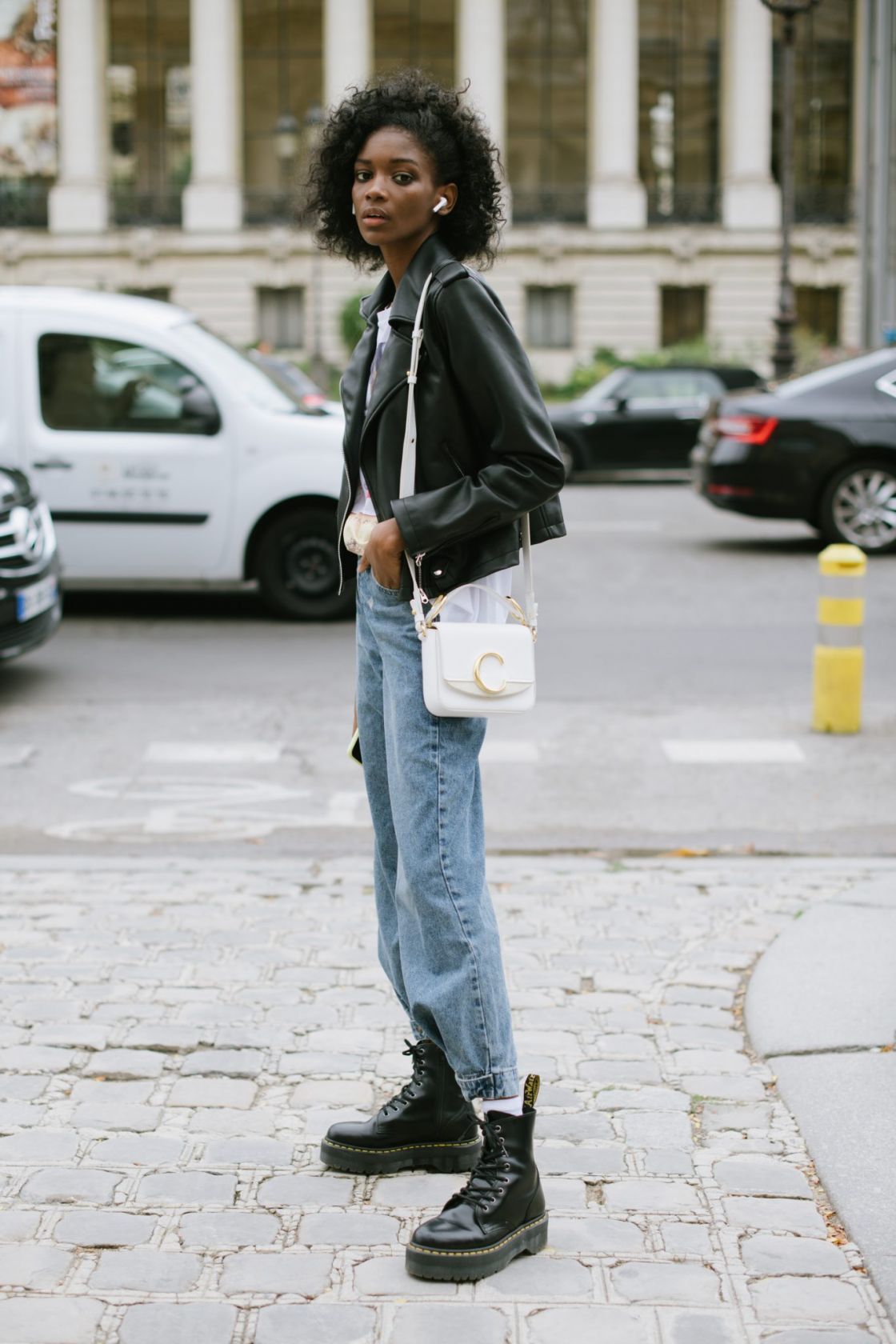 Black Platform Combat Boots With a Leather Jacket and White Tee — Combat Boots Outfits