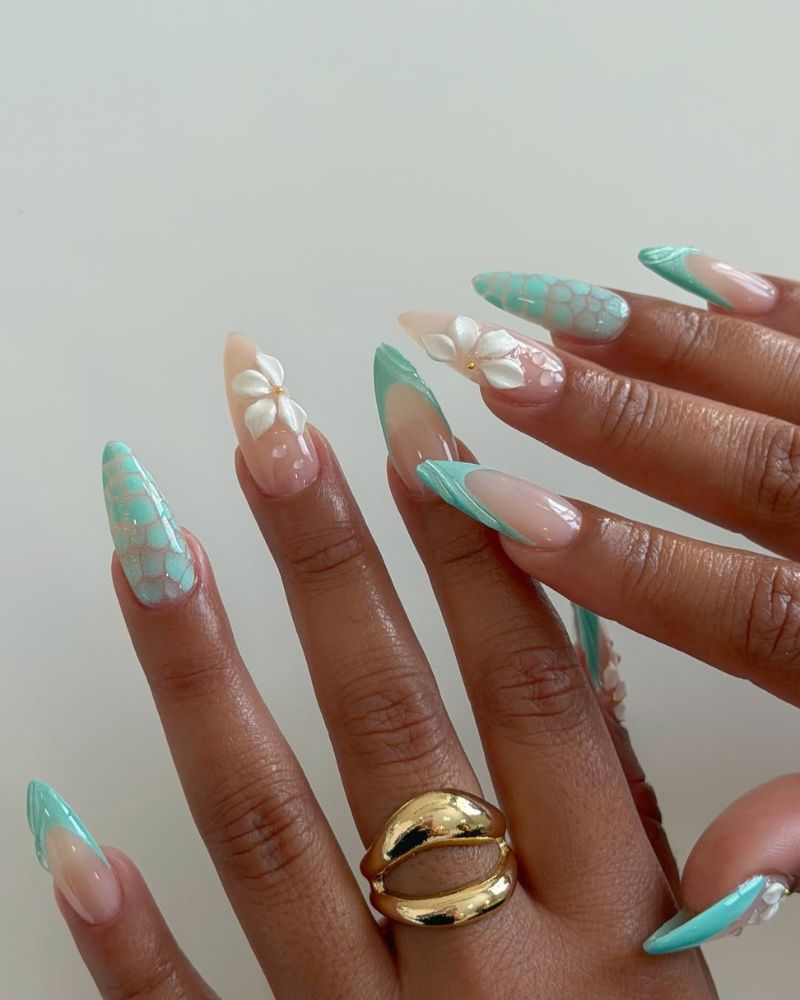Mint Green French with 3D Flowers Mint Green French with 3D Flowers — French Nail Designs