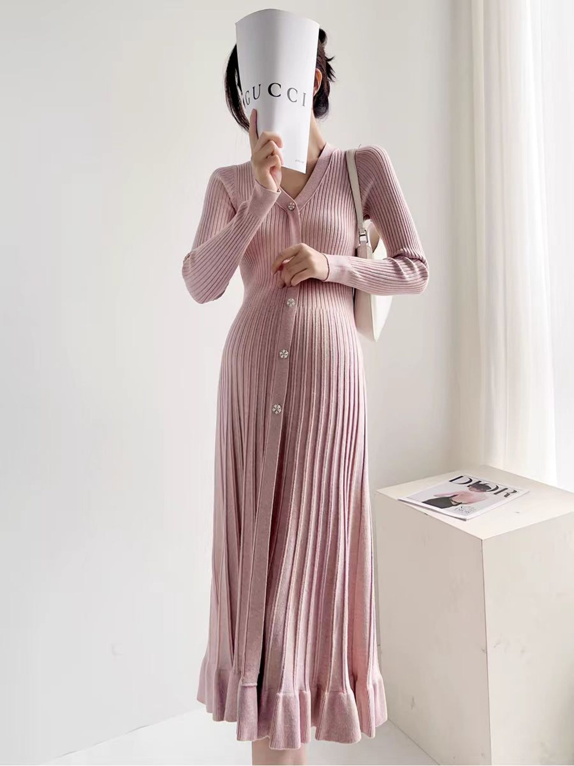 Pale Pink Button-Detail Knit Dress for Comfortable Style Pale Pink Button-Detail Knit Dress for Comfortable Style — Winter Maternity Outfits