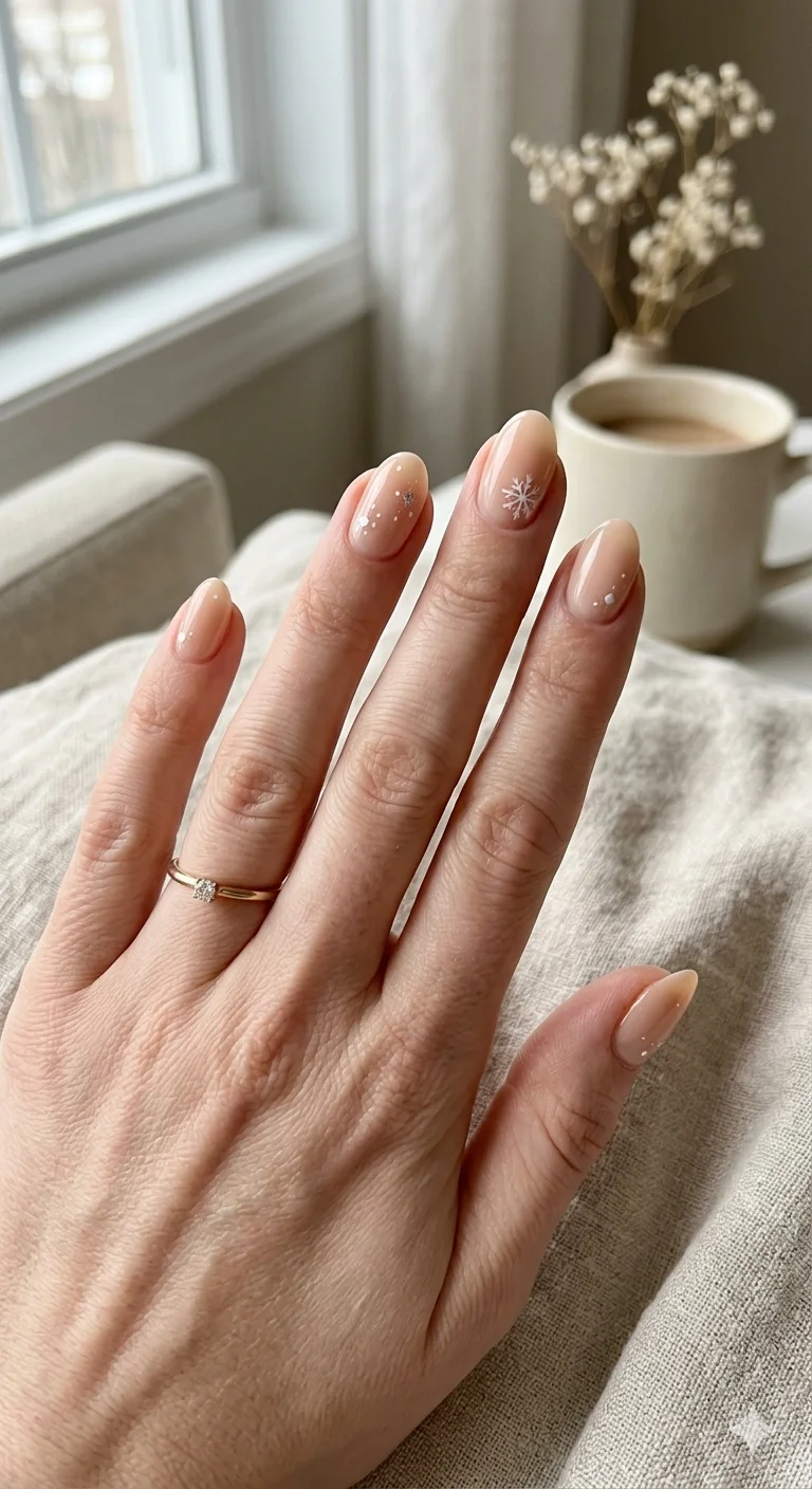 Snowflake Glitter Dot Short Ovals Snowflake Glitter Dot Short Ovals — Simple Winter Nails