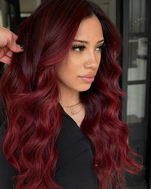Deep Cherry Cola With Voluminous Blowout — Cherry Cola Hair Color